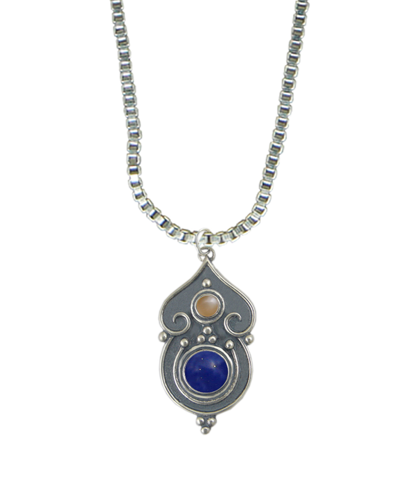 Sterling Silver Necklace Lapis Lazuli And Peach Moonstone